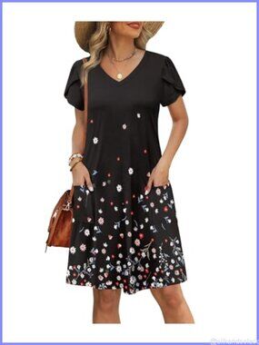 Women's Summer Dress Tulip Petal Short Sleeve V Neck Swing Sundress with Pockets
